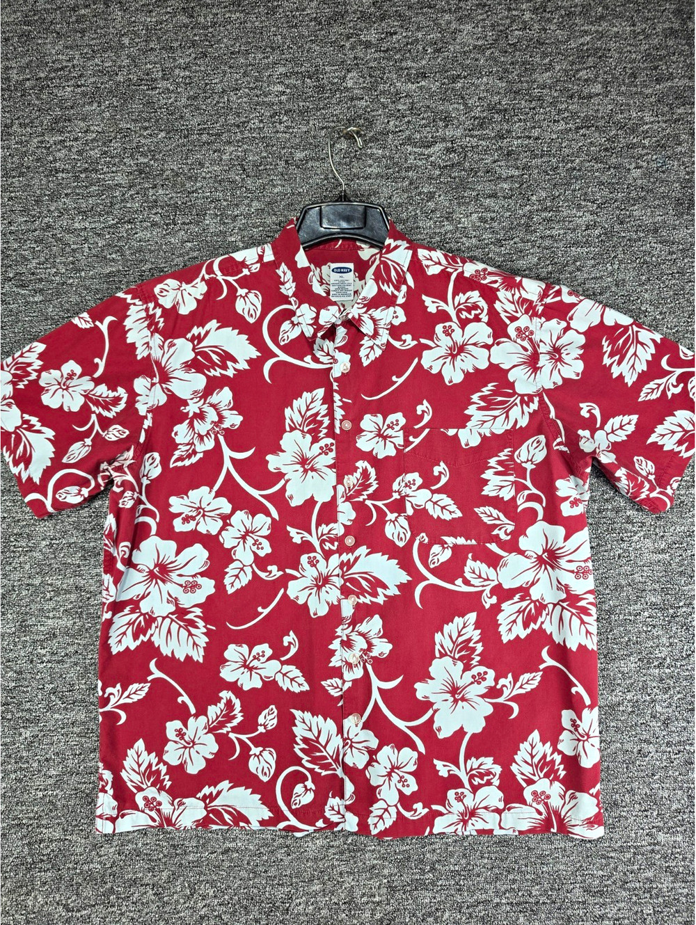 Old Navy Men's XL Red White Floral Hawaiian Cotton Short Sleeve Pockets